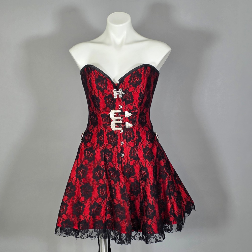 Corset Deal‎ Floral Lace Buckle Corset Dress Womens Red Black Gothic Western